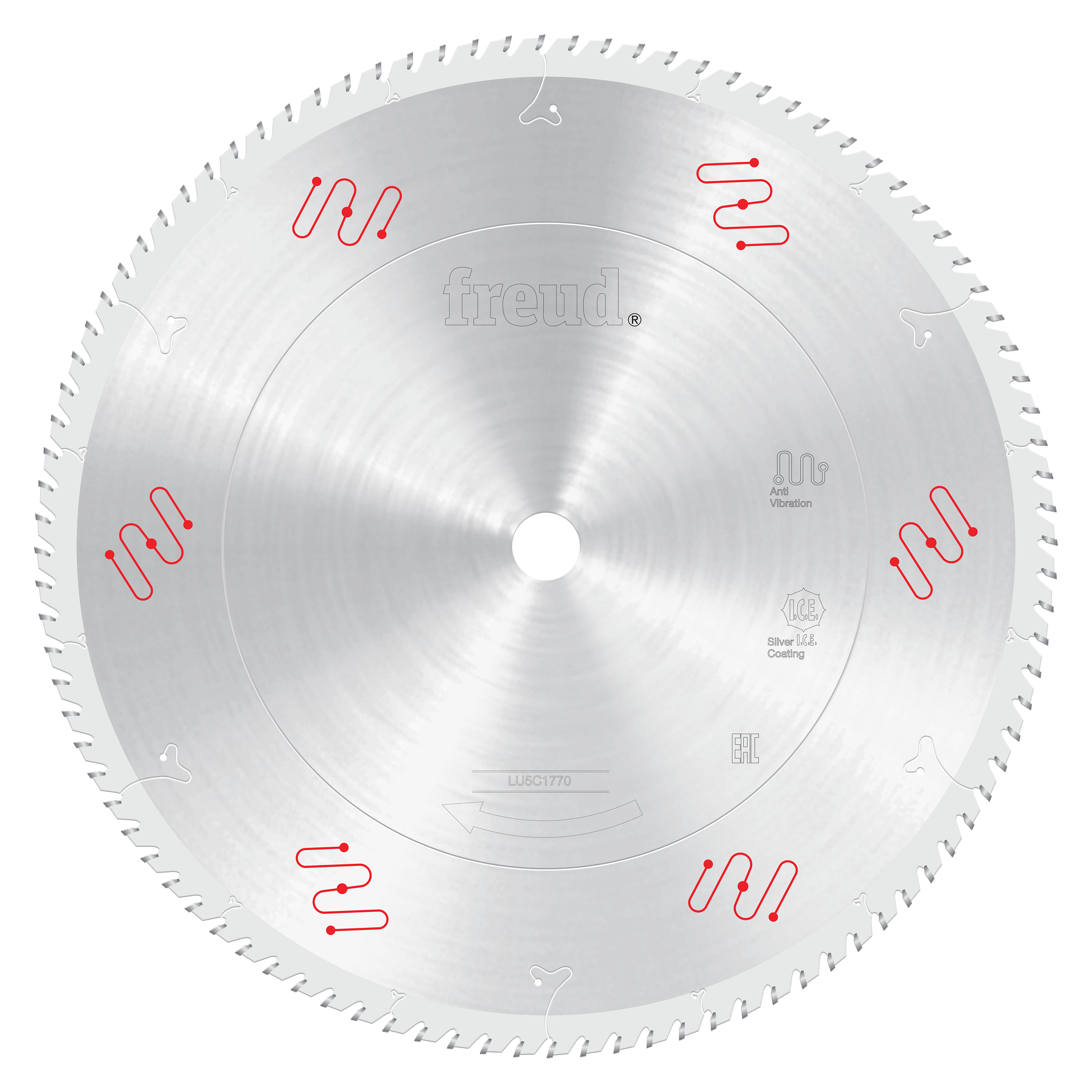 15-inch circular saw blade with fine teeth around perimeter, Freud branding, and red technical markings on silver surface.