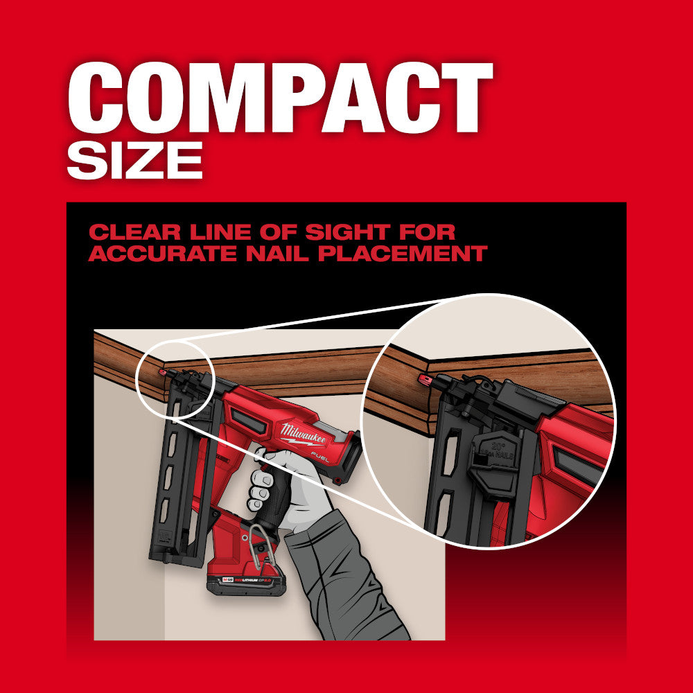 Red and black Milwaukee angled finish nailer with battery pack positioned against wood trim, showing clear line of sight feat