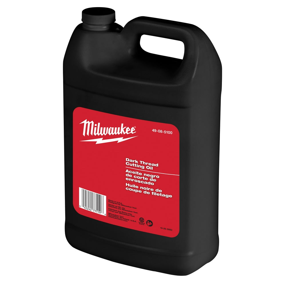 Black plastic jug of Milwaukee Dark Thread Cutting Oil with red label and handle.