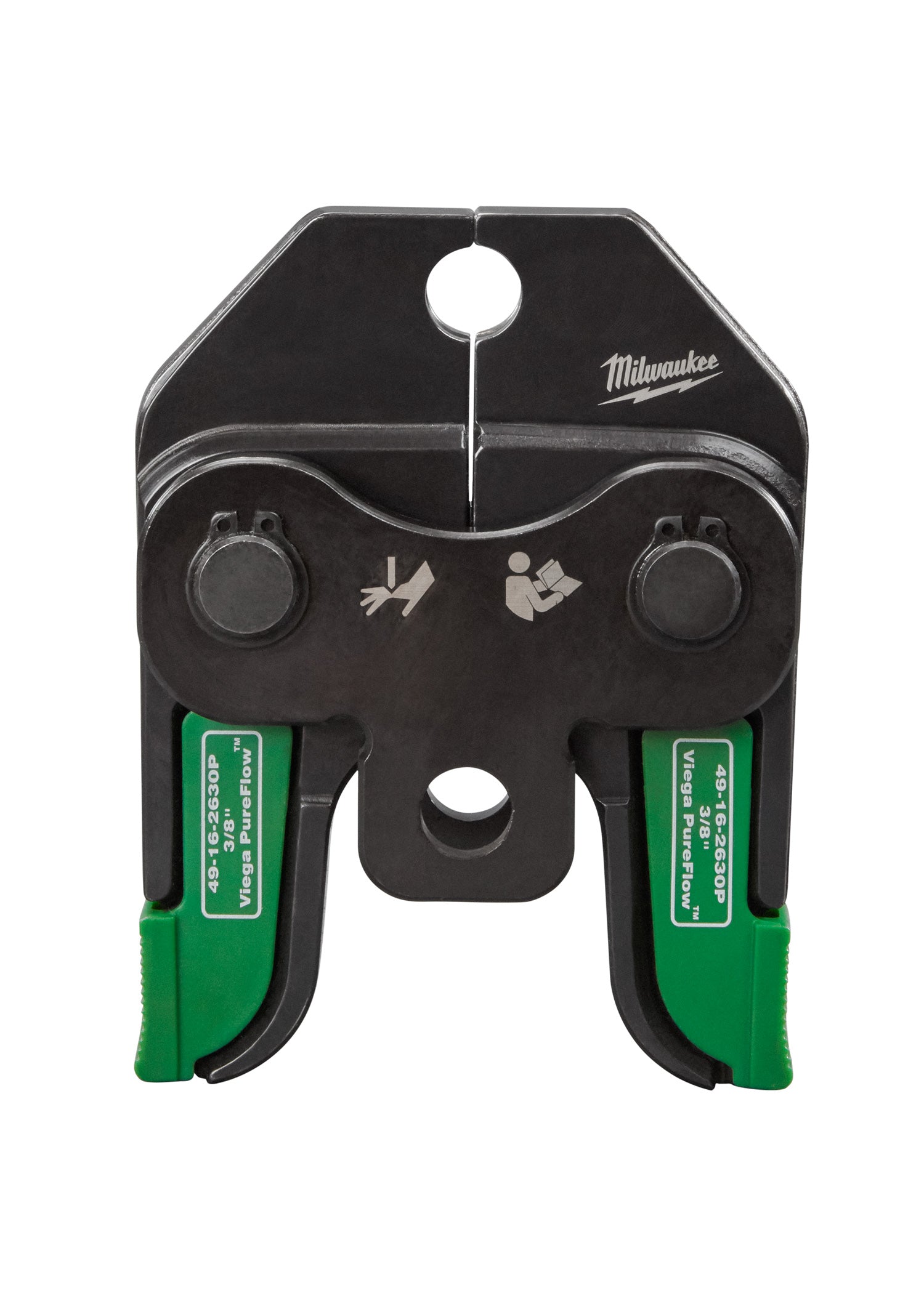Black and green Milwaukee press tool jaw with two circular adjustment knobs and green Viega PureFlow connectors.