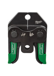 Black and green Milwaukee press tool jaw with two circular adjustment knobs and green Viega PureFlow connectors.