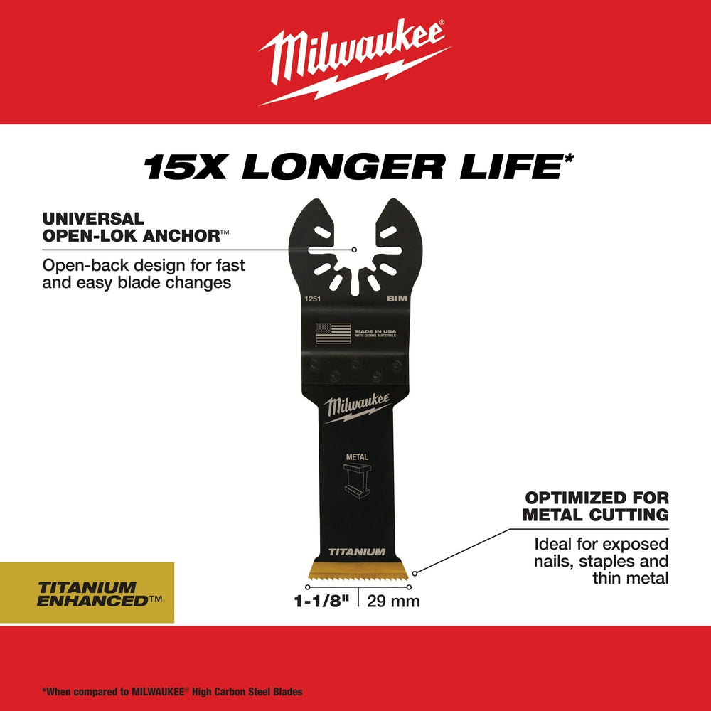 Milwaukee OPEN-LOK 1-1/8" titanium enhanced bi-metal metal cutting blade with open-back anchor design shown against white bac