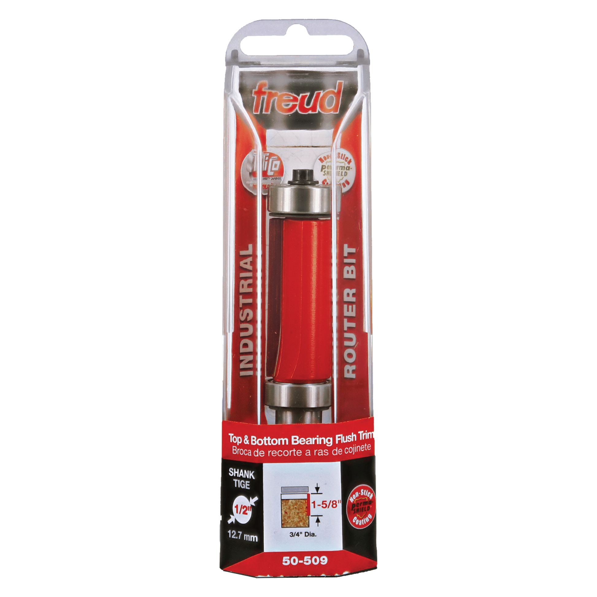 Freud flush trim router bit with red barrel body, metal shank and bearings, in clear plastic clamshell packaging.