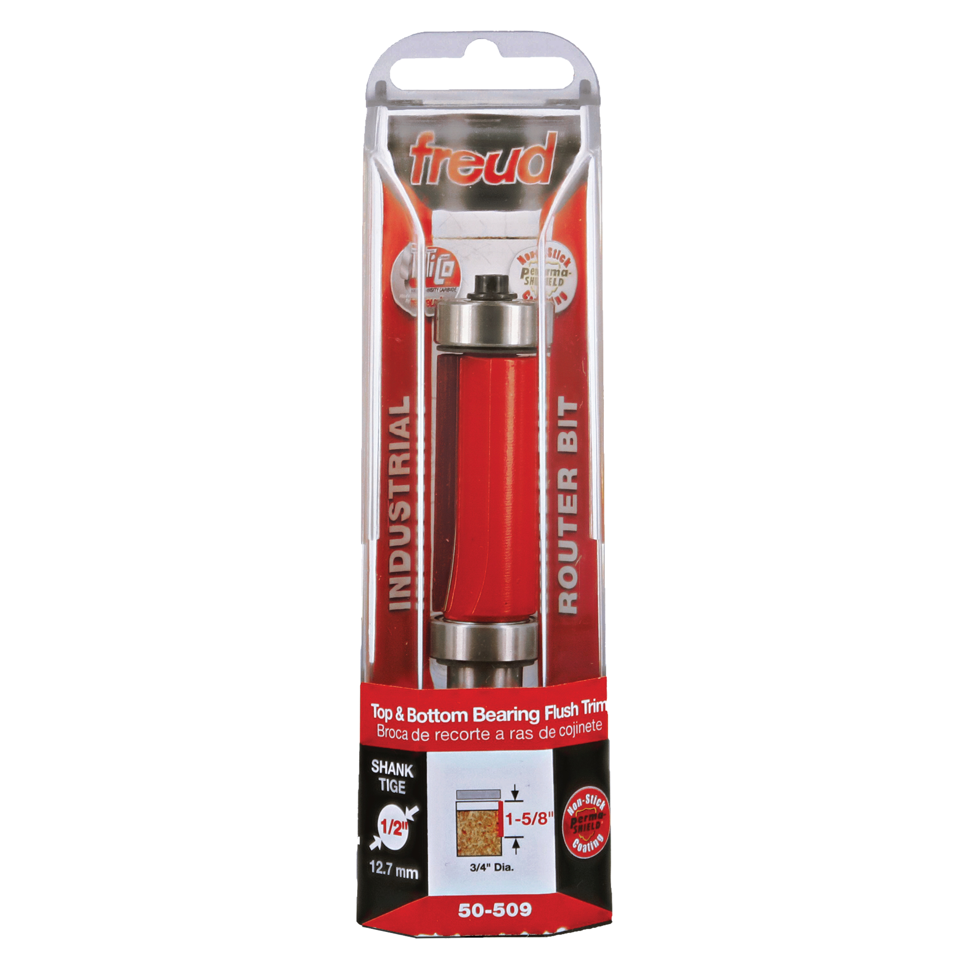 Freud flush trim router bit with red barrel body, metal shank and bearings, in clear plastic clamshell packaging.