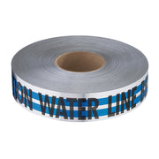 Roll of gray detectable tape with blue and white striped "WATER LINE" printed label.