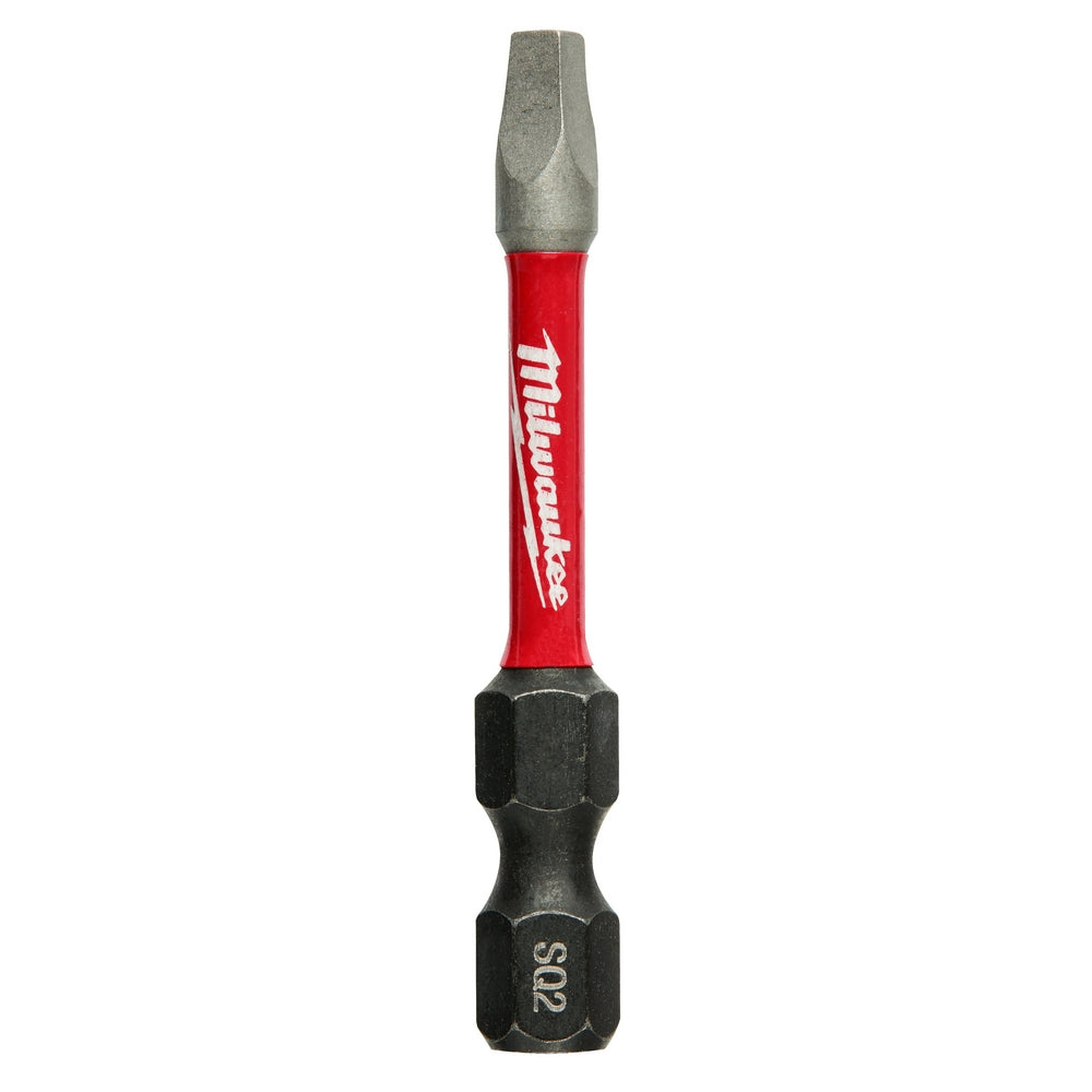 Milwaukee Shockwave Square Recess #2 insert bit with red sleeve and black hex end on white background.