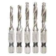 Five metal impact drill taps with threaded cutting edges and hexagonal shanks arranged in a row.