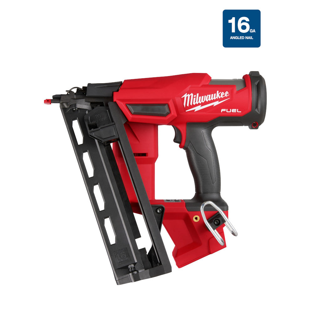 Red and black Milwaukee M18 FUEL 16-gauge angled finish nailer with black grip and magazine.