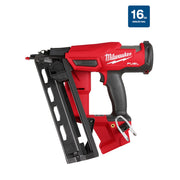 Red and black Milwaukee M18 FUEL 16-gauge angled finish nailer with black grip and magazine.