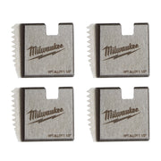 Four metallic alloy pipe threading dies with serrated edges and Milwaukee branding, labeled NPT ALLOY 1 1/2.