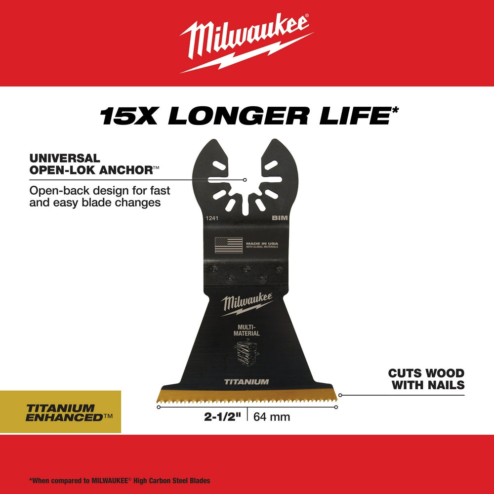 Milwaukee OPEN-LOK 2-1/2" titanium-enhanced bi-metal oscillating saw blade with open-back anchor design and serrated cutting 