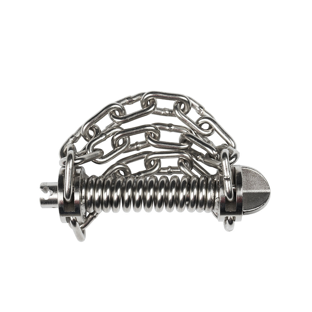 Metal grease cutter with three chain loops and coiled spring center section for drain cleaning cables.