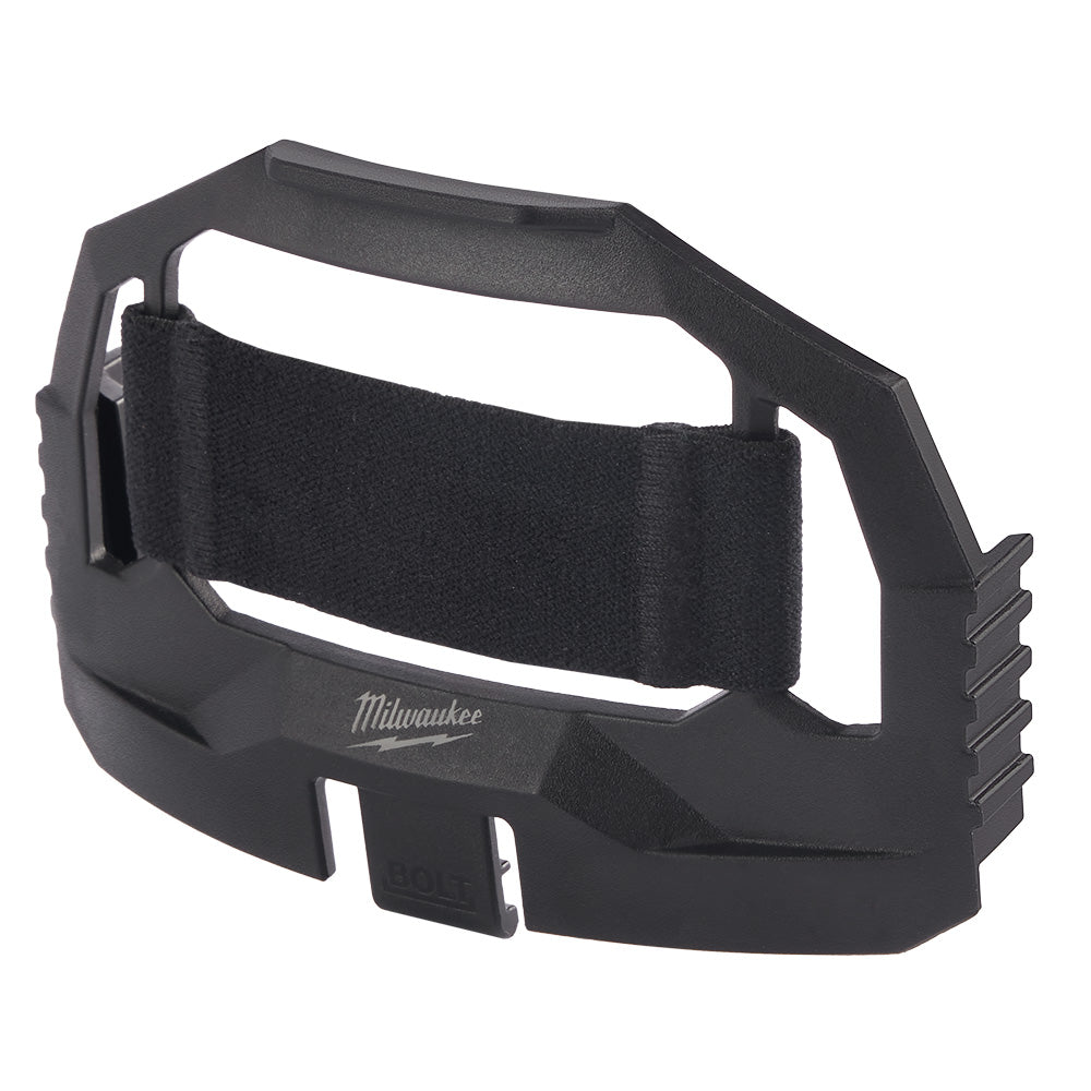 Black plastic headlamp mount with velcro strap and side attachment points.
