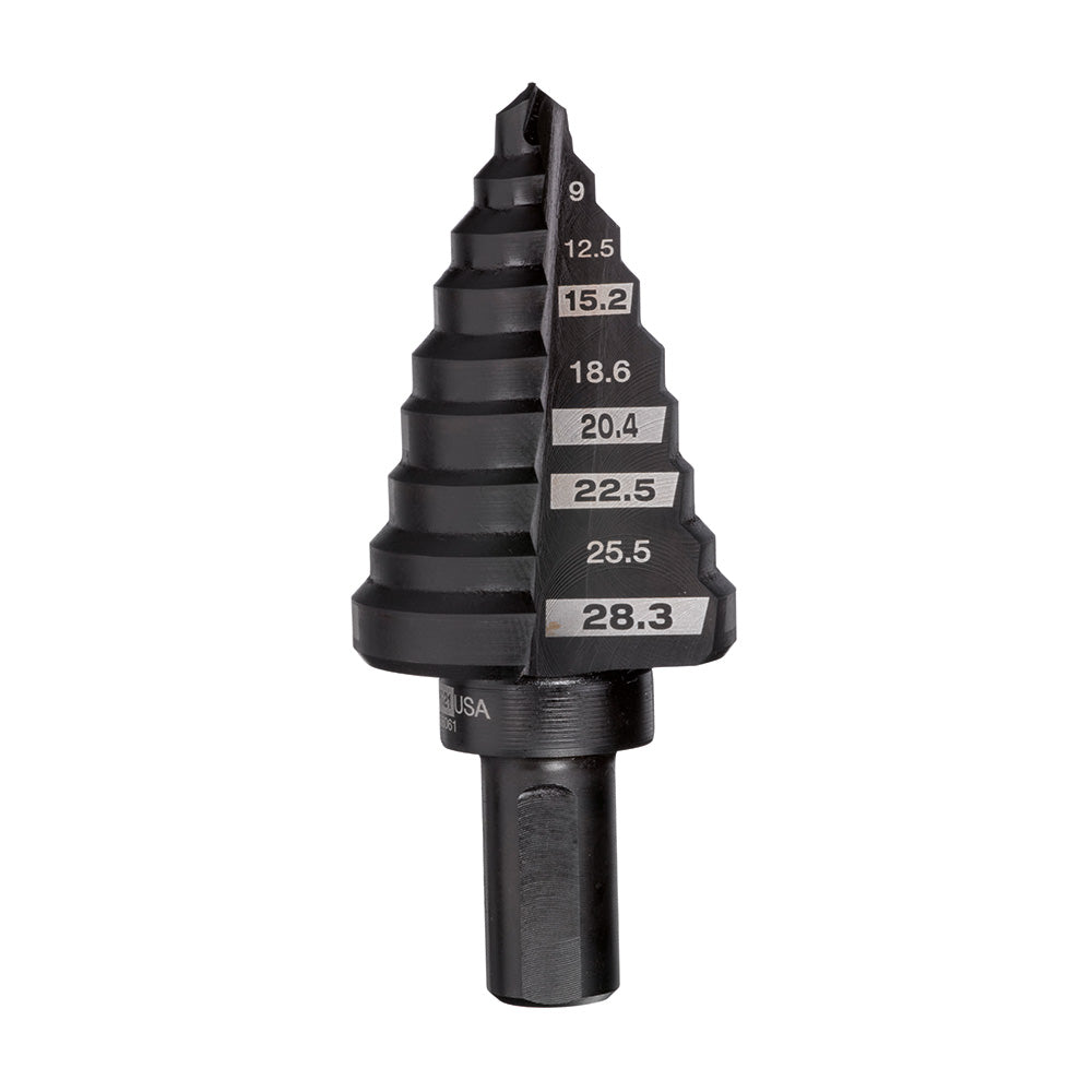 Black Milwaukee step drill bit with multiple cutting edges labeled with sizes from 9mm to 28.3mm.