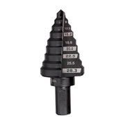 Black Milwaukee step drill bit with multiple cutting edges labeled with sizes from 9mm to 28.3mm.