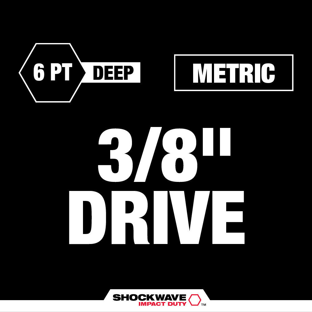 6 point deep 3/8" drive metric socket with Shockwave Impact Duty branding on black background.