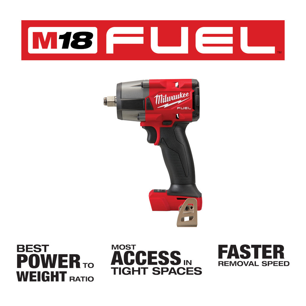 Milwaukee M18 FUEL cordless impact wrench with friction ring, red and black design, shown from side angle.