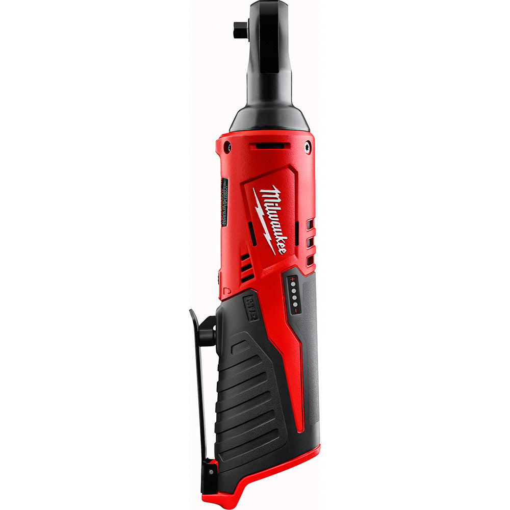 Red and black Milwaukee M12 cordless ratchet with 1/4 inch drive head and power button on handle.