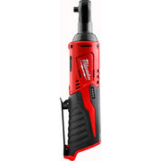 Red and black Milwaukee M12 cordless ratchet with 1/4 inch drive head and power button on handle.