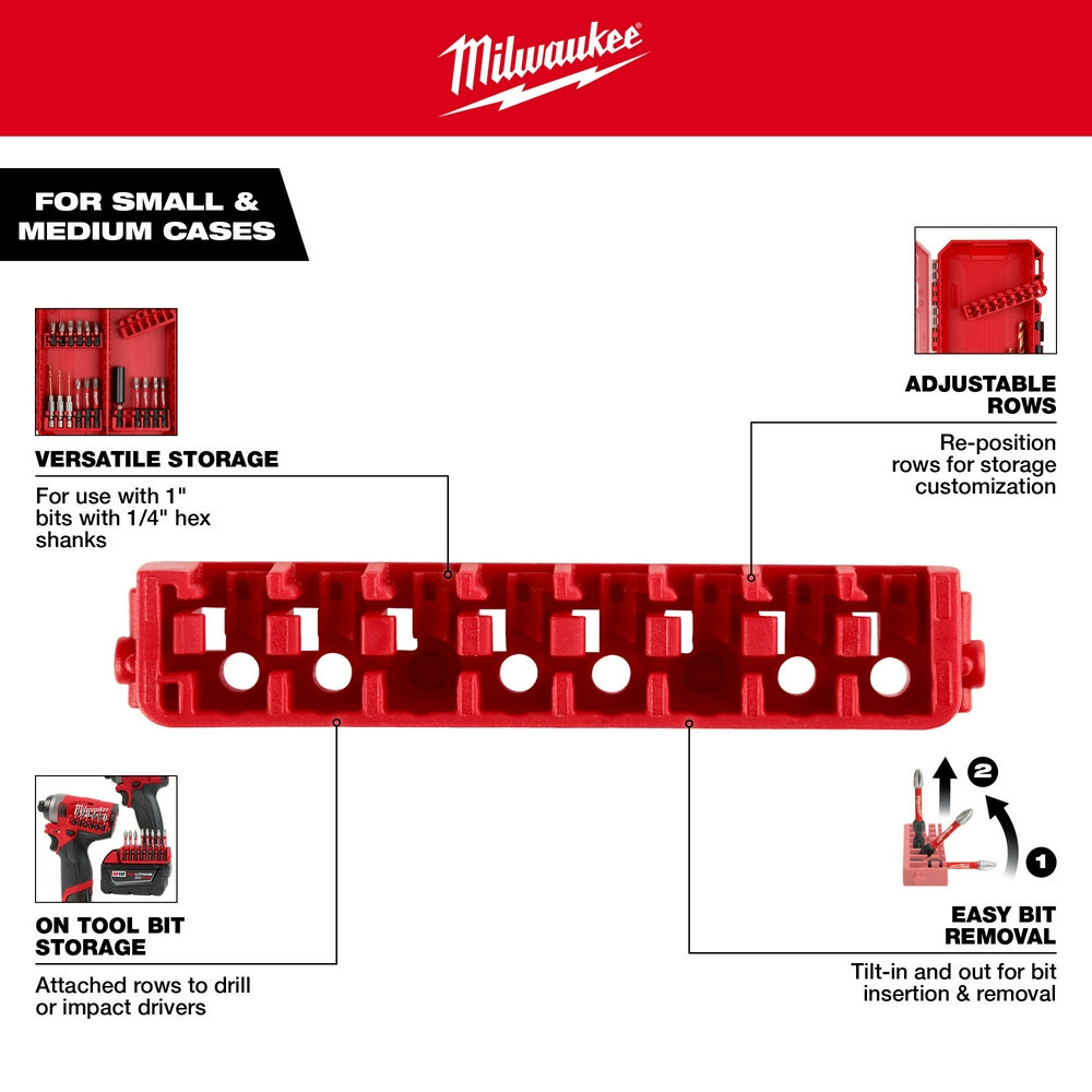 Red plastic insert bit storage rows with adjustable positioning for 1" bits with 1/4" hex shanks, pack of five.