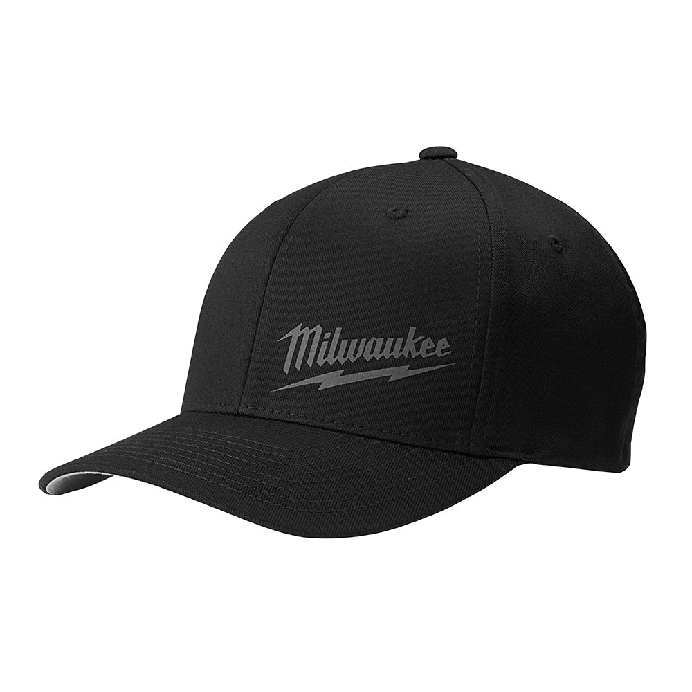 Black Milwaukee FlexFit baseball cap with gray embroidered logo on front and curved bill.
