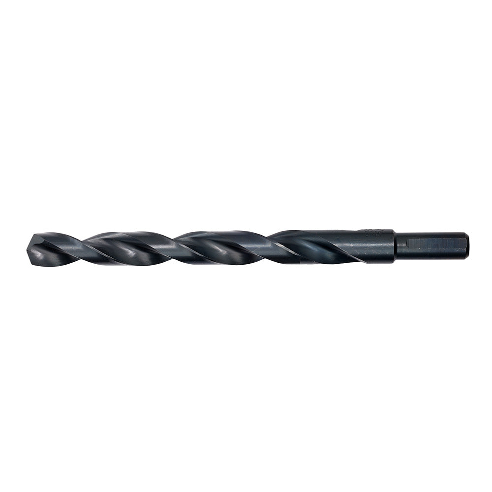 Black oxide twist drill bit with spiraled flutes and cylindrical shank.
