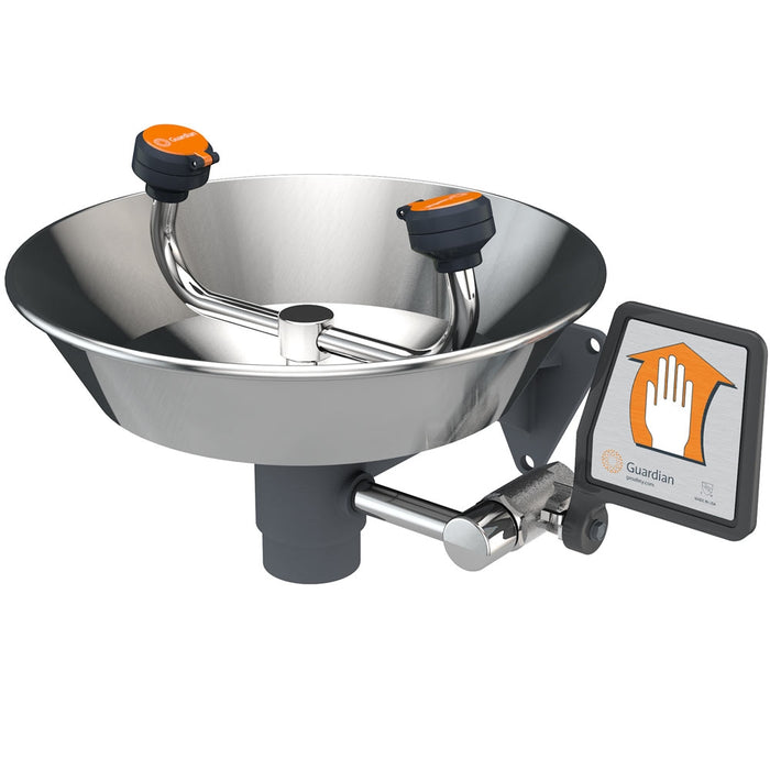 Wall-mounted stainless steel eye wash station with dual spray heads, bowl, and Guardian instruction sign.