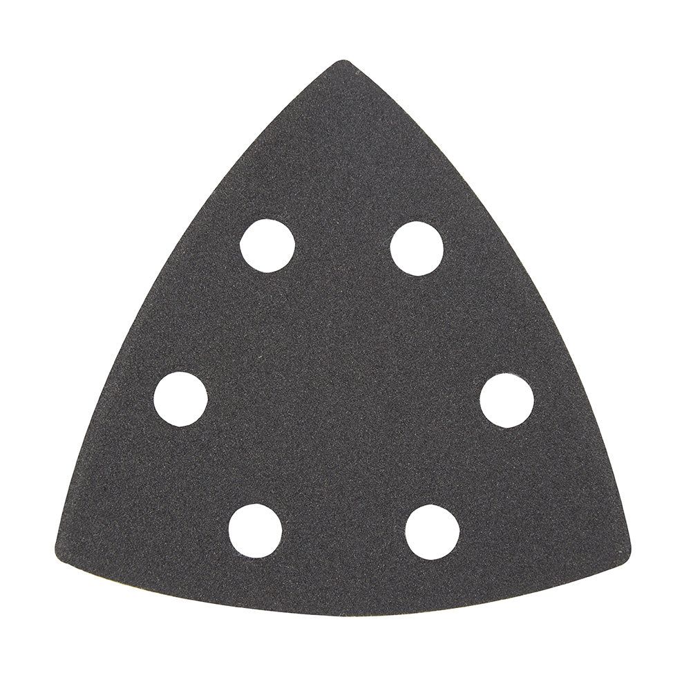 Triangle sandpaper with six white mounting holes on dark gray surface.