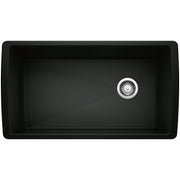 Coal black single bowl kitchen sink with chrome drain strainer, viewed from above.