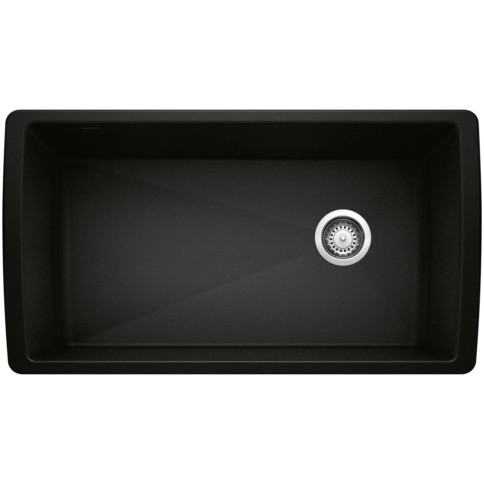 Coal black single bowl kitchen sink with chrome drain strainer, viewed from above.