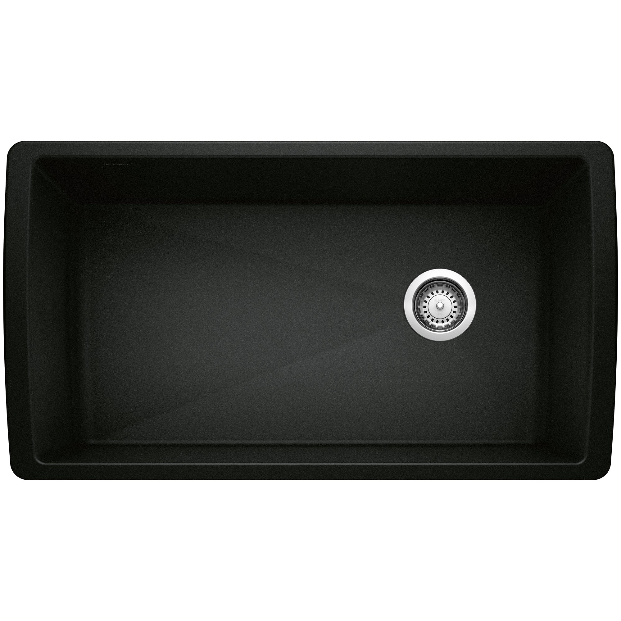 Coal black single bowl kitchen sink with chrome drain strainer, viewed from above.