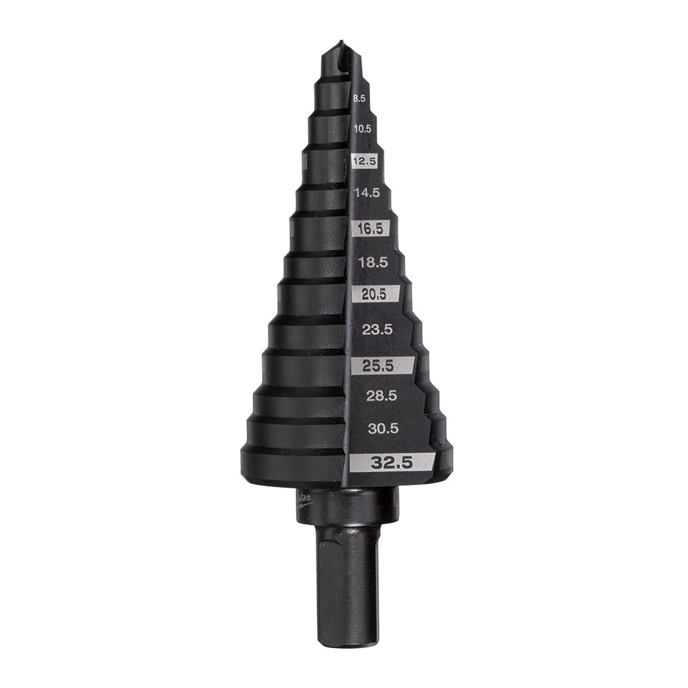 Black stepped drill bit with conical design and labeled size increments from 8.5mm to 32.5mm on cylindrical shaft.