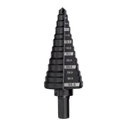 Black stepped drill bit with conical design and labeled size increments from 8.5mm to 32.5mm on cylindrical shaft.