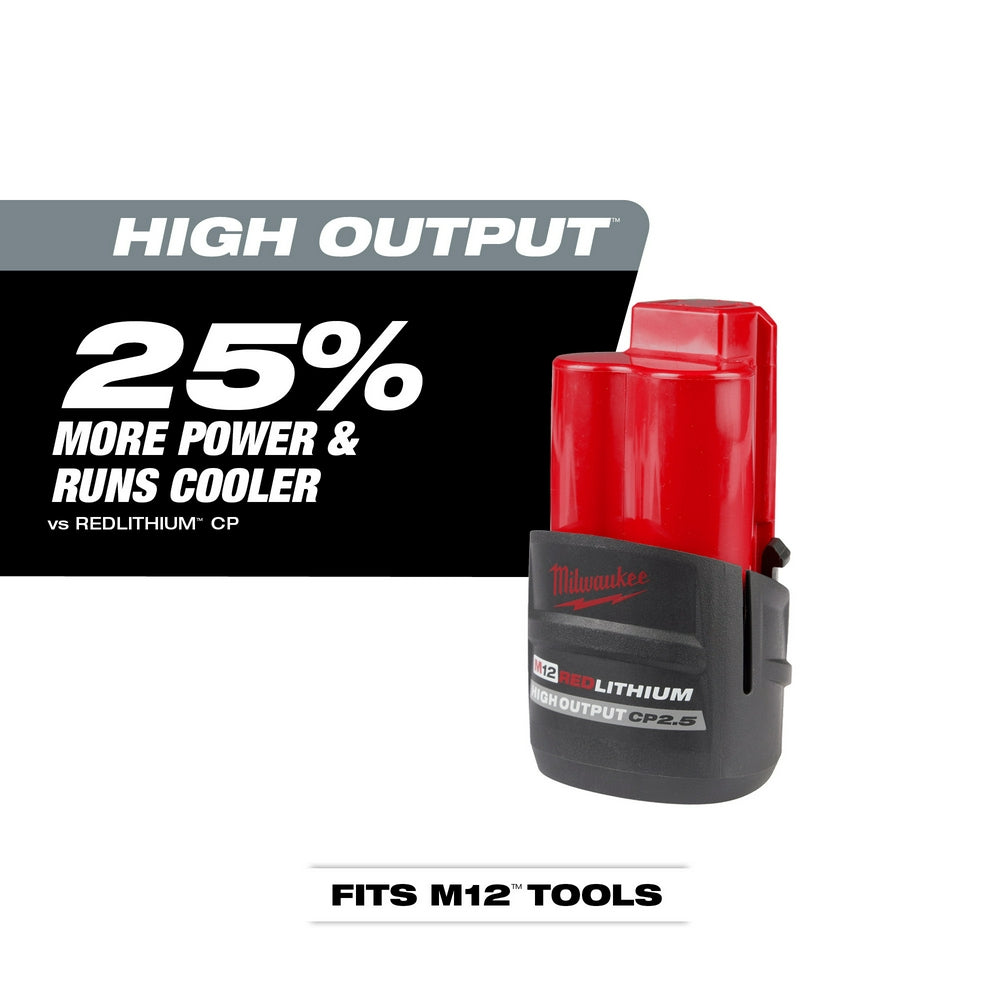 Red and black Milwaukee M12 REDLITHIUM HIGH OUTPUT CP2.5 battery pack with charging contacts visible.