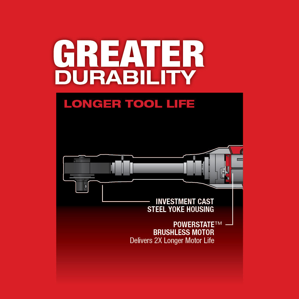 Milwaukee M12 FUEL 3/8 inch extended reach ratchet with brushless motor and steel yoke housing shown in cross-section diagram