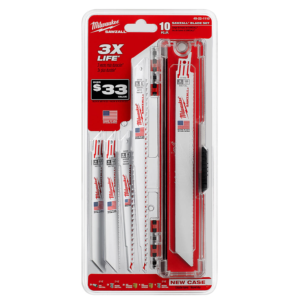Milwaukee 49-22-1110 10-piece SAWZALL blade set in red and white packaging with assorted blades displayed.