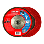 Red 7-inch flap disc with metal hub center, 60 grit, for angle grinders on metal and stainless steel.