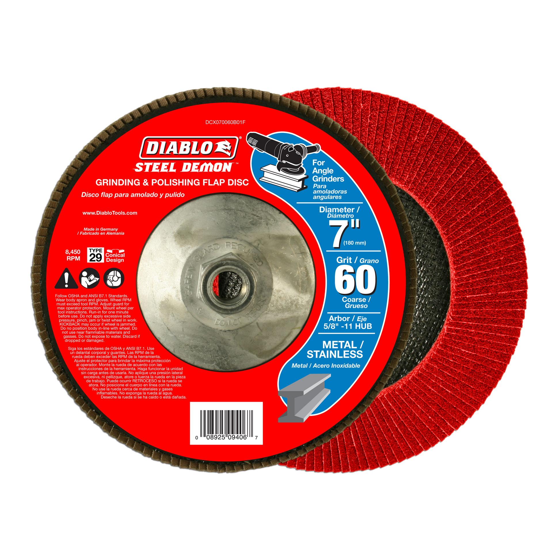 Red 7-inch flap disc with metal hub center, 60 grit, for angle grinders on metal and stainless steel.
