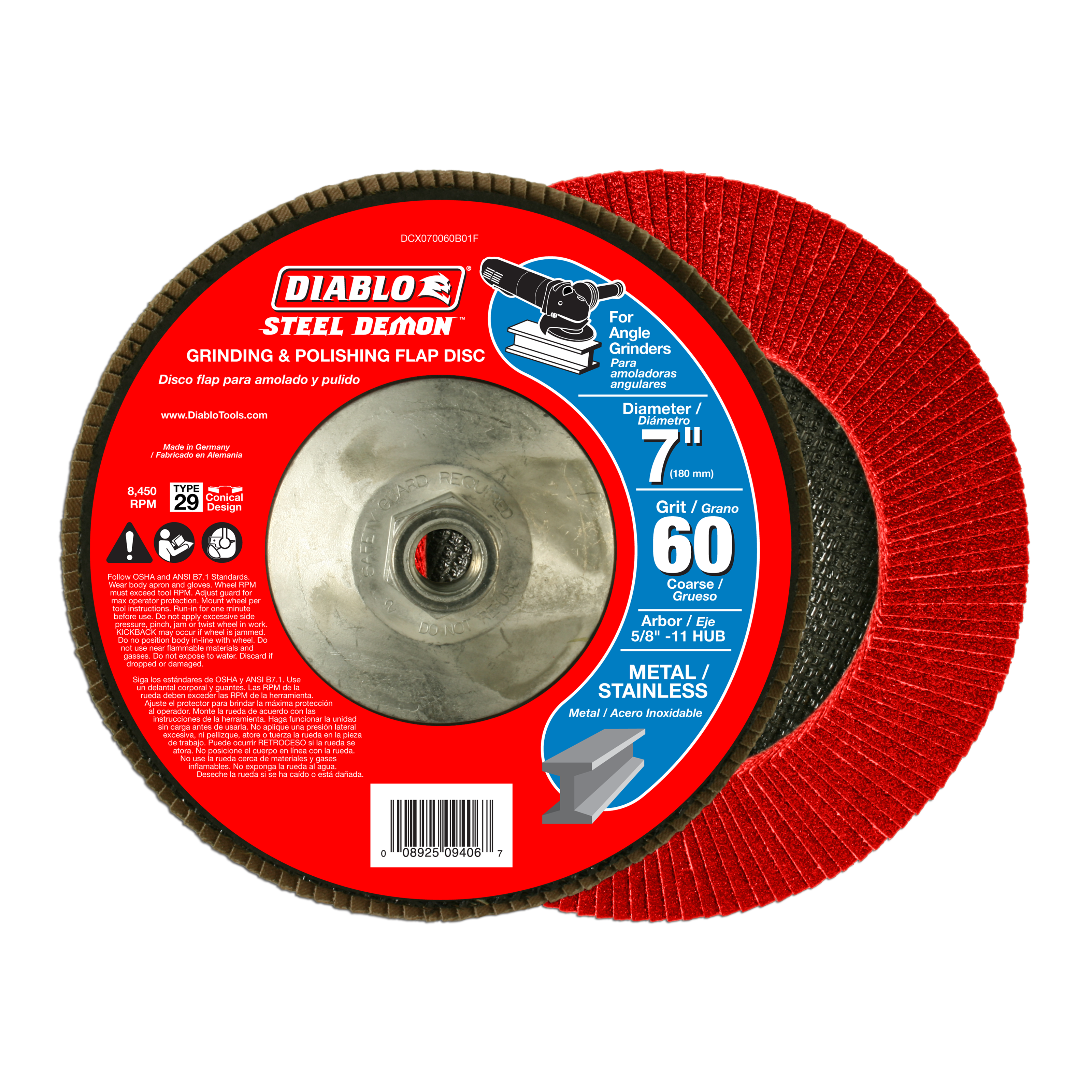 Red 7-inch flap disc with metal hub center, 60 grit, for angle grinders on metal and stainless steel.