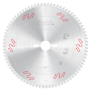 Freud 250mm circular saw blade with fine teeth around edge, central arbor hole, and red vibration reduction markings on silve