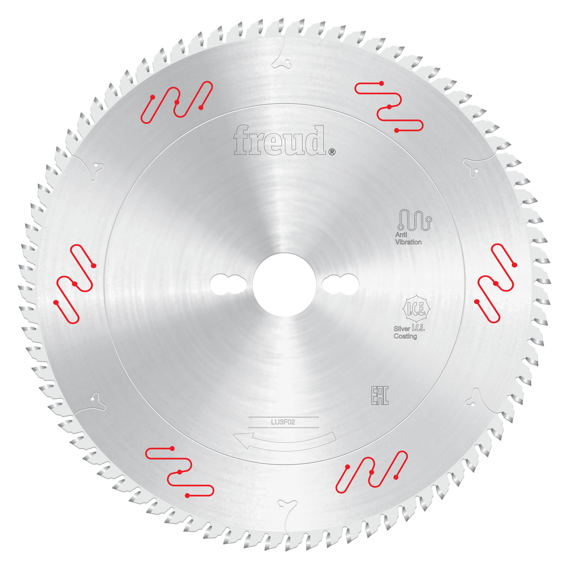 Freud 250mm circular saw blade with fine teeth around edge, central arbor hole, and red vibration reduction markings on silve
