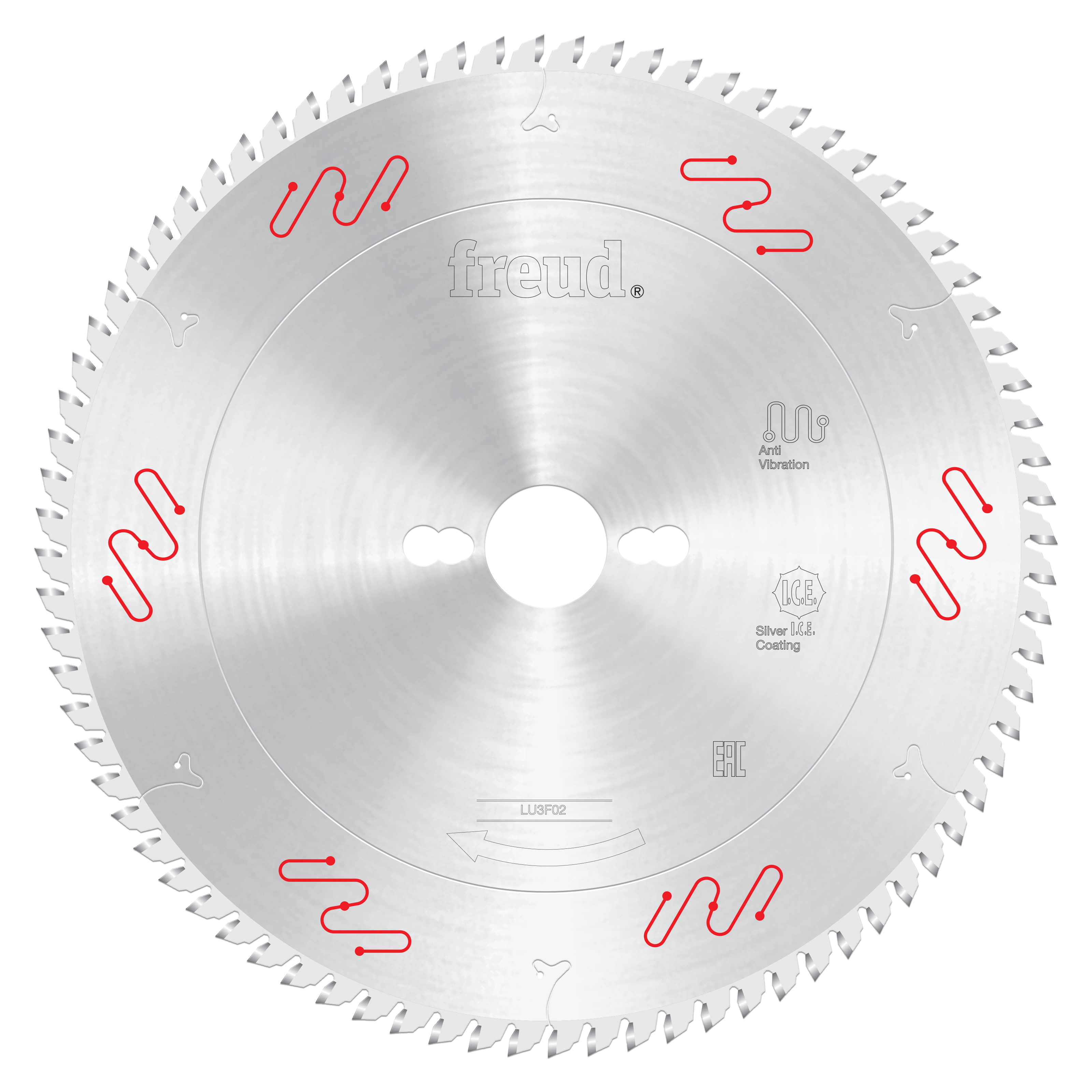 Freud 250mm circular saw blade with fine teeth around edge, central arbor hole, and red vibration reduction markings on silve