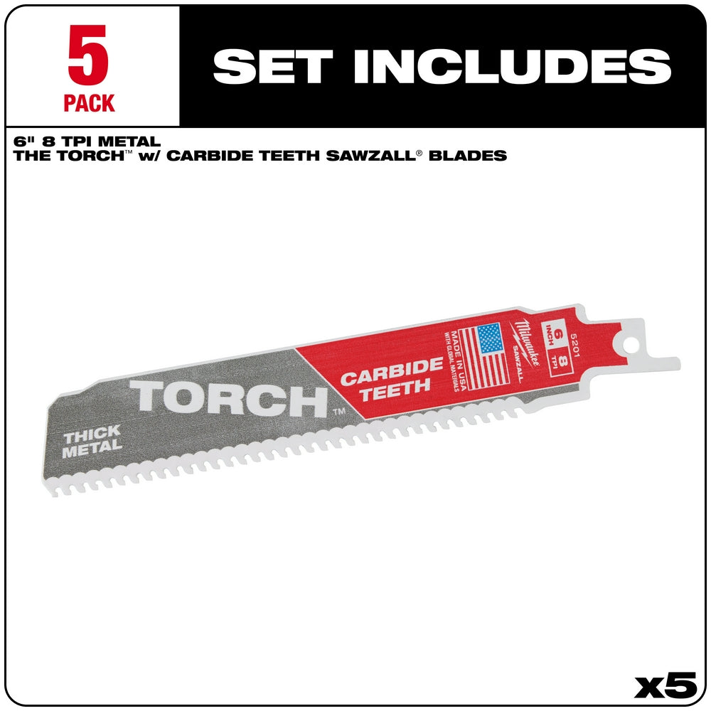 6" reciprocating saw blade with red and black handle labeled "THE TORCH" and "CARBIDE TEETH" for metal cutting.