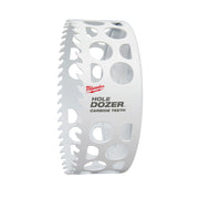 White Milwaukee Hole Dozer with carbide teeth, cylindrical saw bit with serrated cutting edges and ventilation holes.