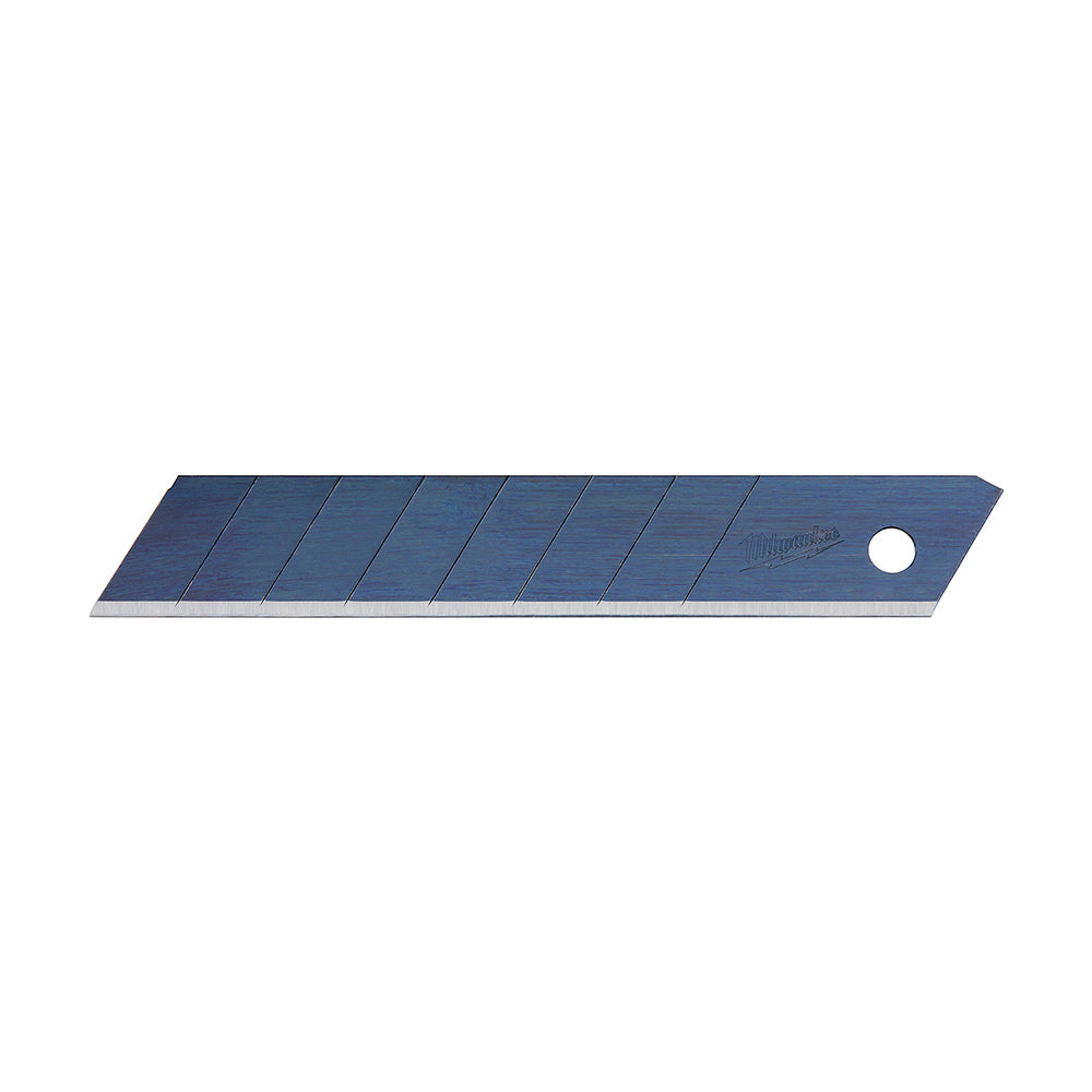Blue snap blade with segmented cutting edge and metal backing, featuring white retention hole.