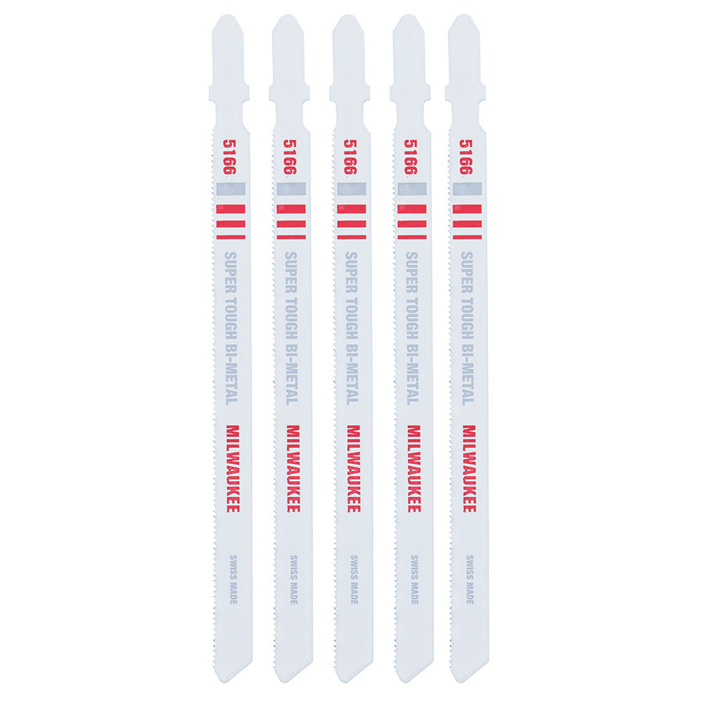 Five white bi-metal jig saw blades with red and gray text labeling, arranged vertically in parallel.