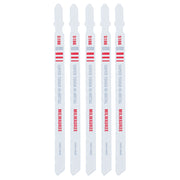 Five white bi-metal jig saw blades with red and gray text labeling, arranged vertically in parallel.