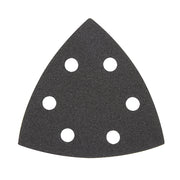 Triangle sandpaper sheet with six white dust extraction holes on dark gray abrasive surface.