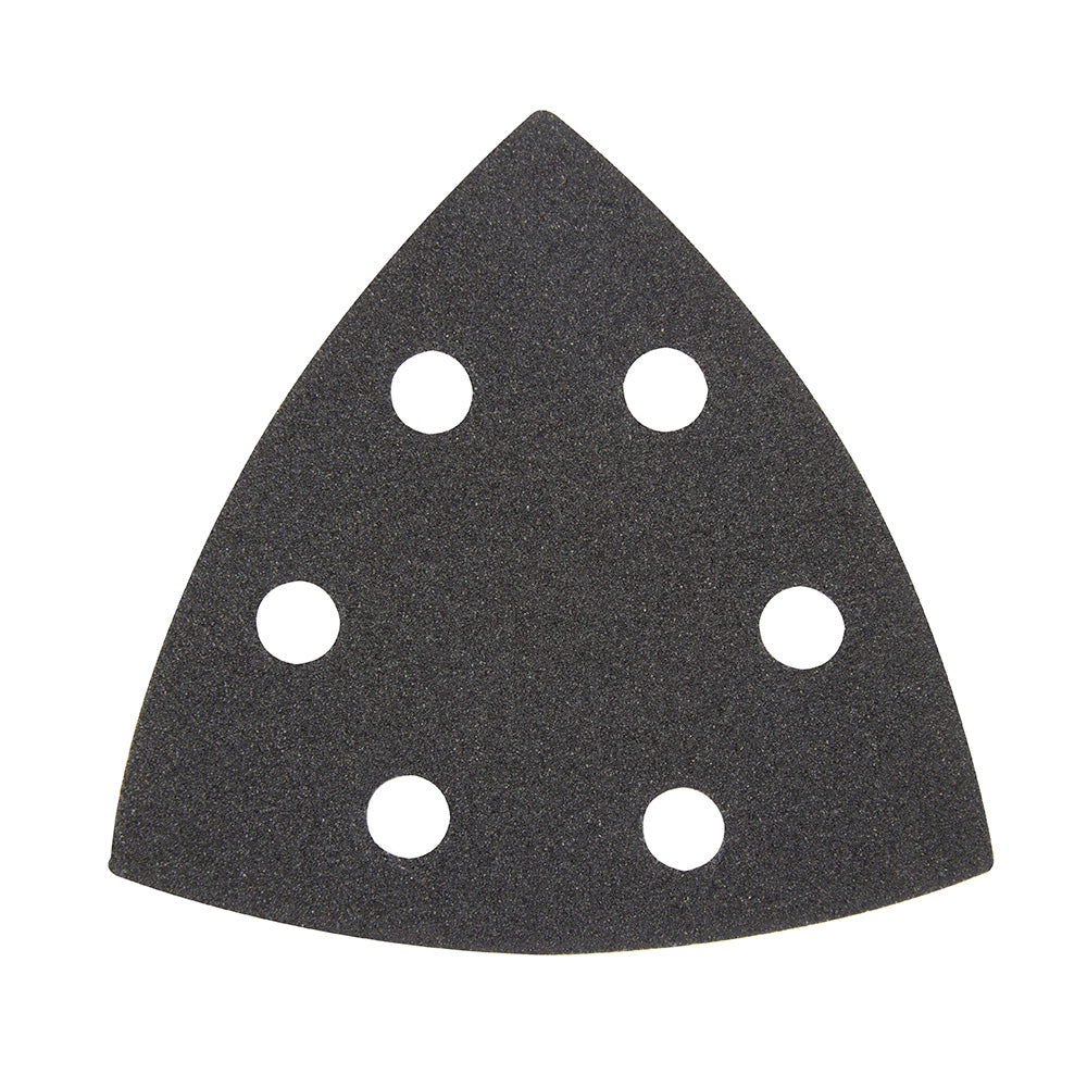 Triangle sandpaper sheet with six white dust extraction holes on dark gray abrasive surface.