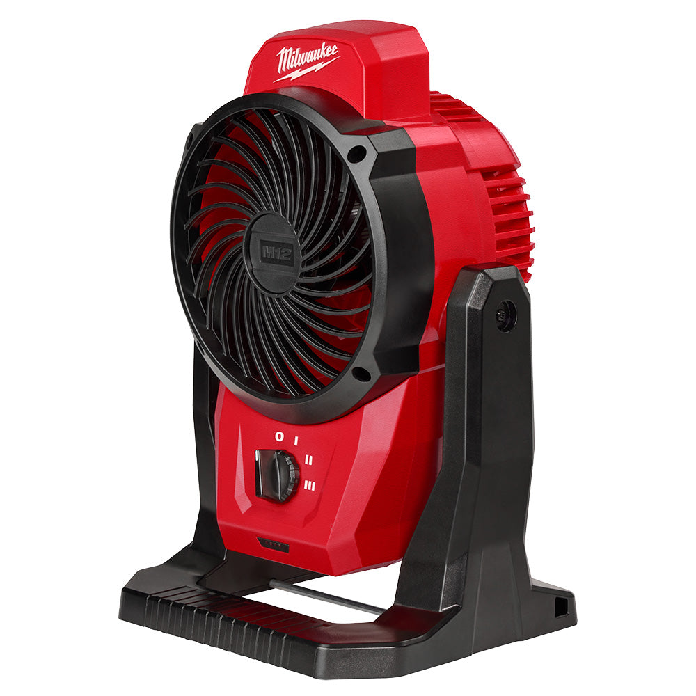 Red and black Milwaukee M12 mounting fan with black blade housing and three-speed dial control on front.